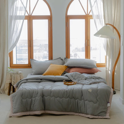 2025 new Japanese polyester cotton quilted summer quilt skin-friendly washable light luxury style solid color lightweight - G