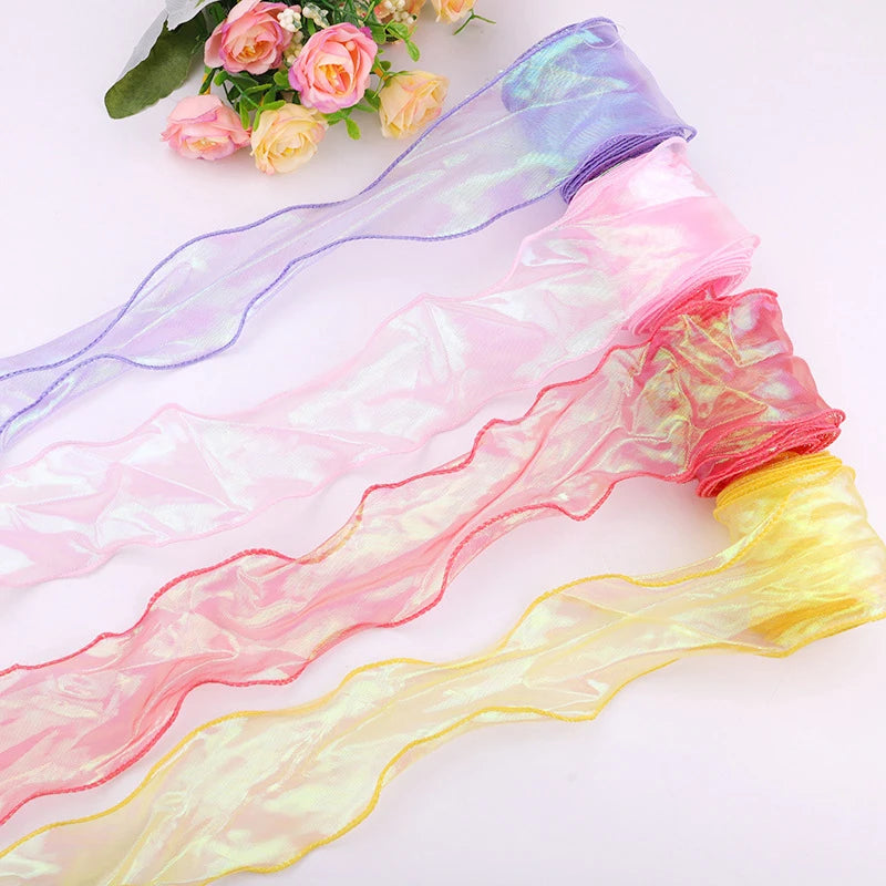 40mm 10Yards Fishtail Organza Ribbon Reflective Iridescent Wavy Edge Ribbon for Gift Wrapping DIY Bow Bouquet Voile Ribbons