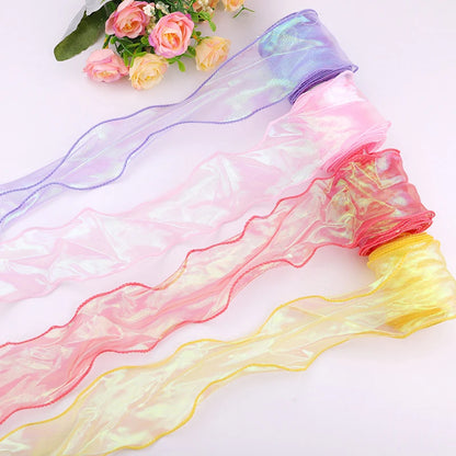 40mm 10Yards Fishtail Organza Ribbon Reflective Iridescent Wavy Edge Ribbon for Gift Wrapping DIY Bow Bouquet Voile Ribbons