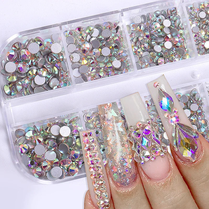 2400pcs+ Shiny Clear Crystal Gems Nail Rhinestones 1.5-4mm Mixed Round Glass Stone Flatback Nail Charms 12grids Nail Diamond 