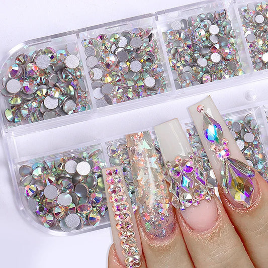 2400pcs+ Shiny Clear Crystal Gems Nail Rhinestones 1.5-4mm Mixed Round Glass Stone Flatback Nail Charms 12grids Nail Diamond 