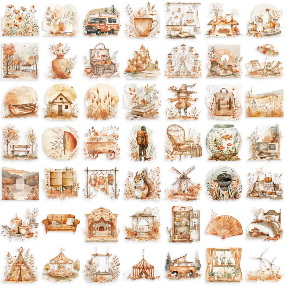 50PCS Cartoon Watercolor Clip Art Stickers Aesthetics Sticker For Laptop Phone Luggage Water Bottle Bicycle Car PET Decals