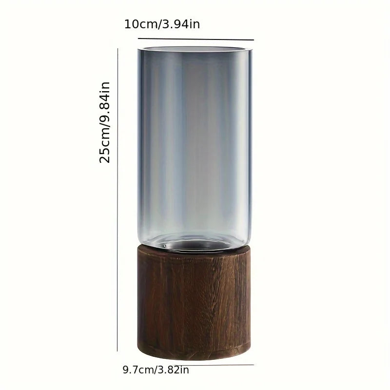 Elegant Glass Vase with Wooden Base for Hydroponic Plants, Modern Tabletop Floral Arrangement Home Decoration
