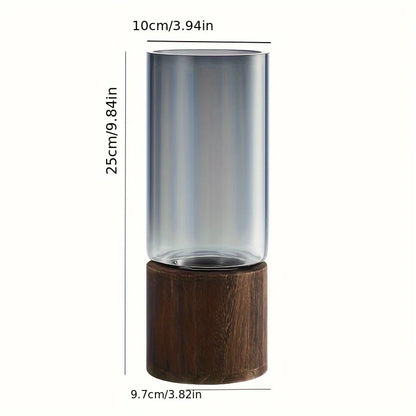 Elegant Glass Vase with Wooden Base for Hydroponic Plants, Modern Tabletop Floral Arrangement Home Decoration