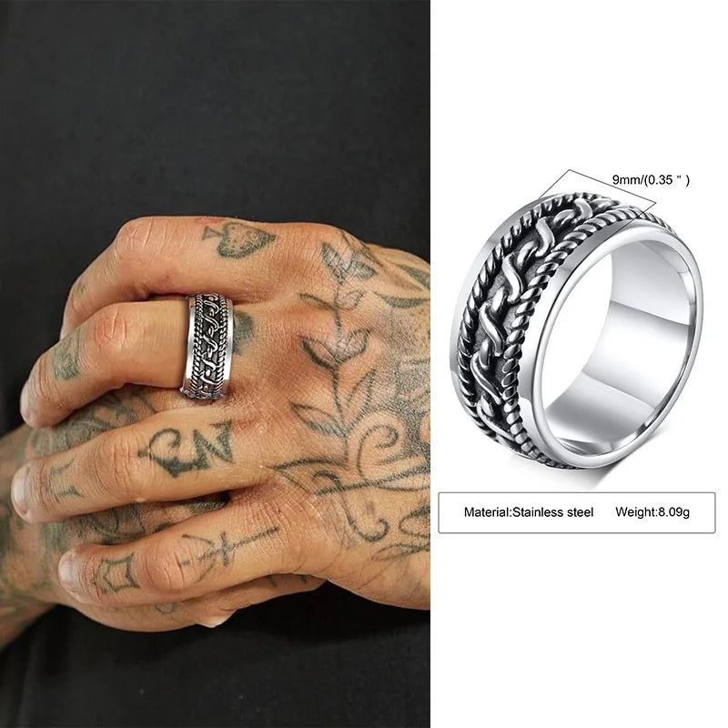 Punk Vintage Ethnic Rings for Men, Retro Viking Knot Rune Finger Band, Black Geometric Square Stone Signet Ring Jewelry - RC-