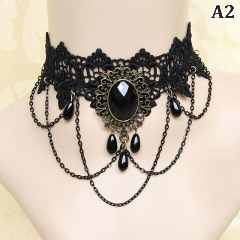 New Sexy Gothic Chokers Crystal Black Lace Neck Choker Necklace Vintage Victorian Women Chocker Steampunk Jewelry - A2