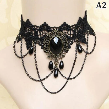 New Sexy Gothic Chokers Crystal Black Lace Neck Choker Necklace Vintage Victorian Women Chocker Steampunk Jewelry - A2