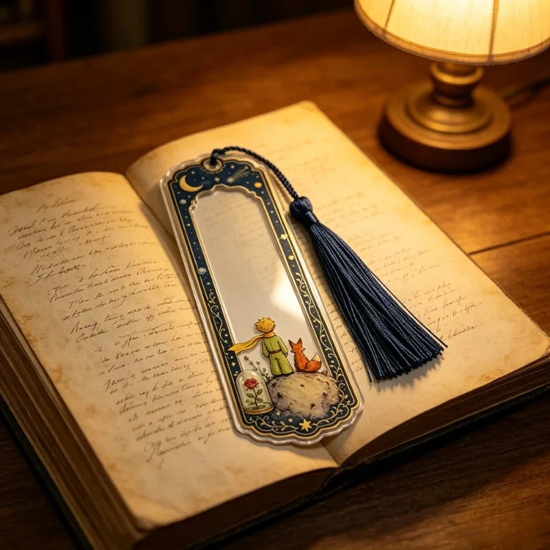 2pcs Vintage Little Prince Acrylic Bookmark, Starry Moon Fox Rose Print Page Marker with Navy Tassel,Reading Accessory Gift