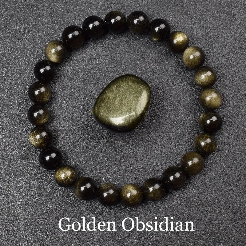 Natural Golden Obsidian Stone Beads Bracelet Men Women Golden Light Rainbow Obsidian Raw Stone Round Bead Natural Energy Jewe