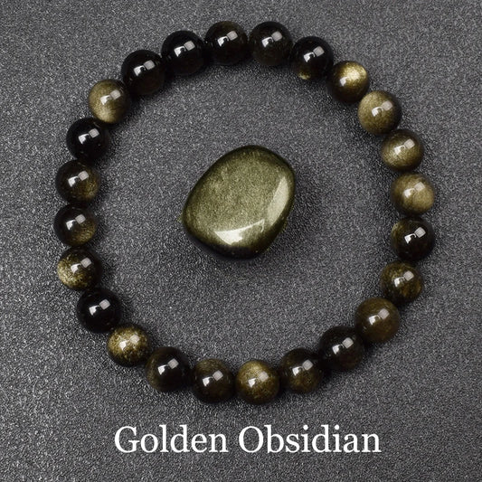 Natural Golden Obsidian Stone Beads Bracelet Men Women Golden Light Rainbow Obsidian Raw Stone Round Bead Natural Energy Jewe