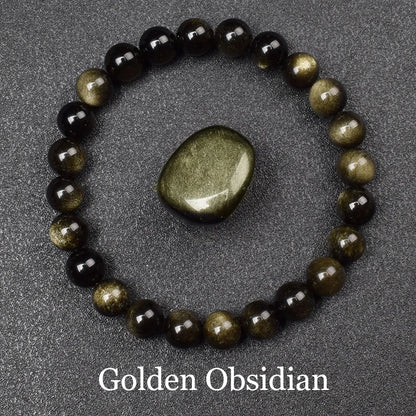 Natural Golden Obsidian Stone Beads Bracelet Men Women Golden Light Rainbow Obsidian Raw Stone Round Bead Natural Energy Jewe
