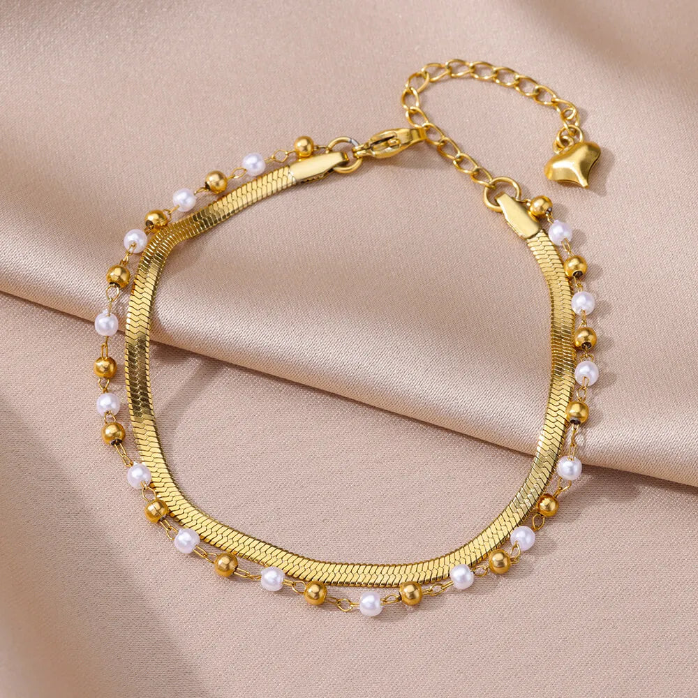 Anklets for Women Summer Beach Accessories Stainless Steel Imitation Pearl Chain Anklet Gold Color Leg Bracelets Bodychain Gi
