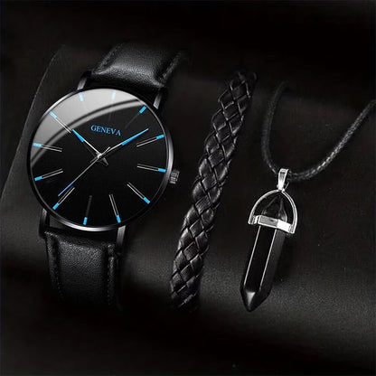 3PCS/Set Men Business Watches Casual Leather Band Analog Male's Quartz Watch Necklace Bracelet Set - C Set No Box