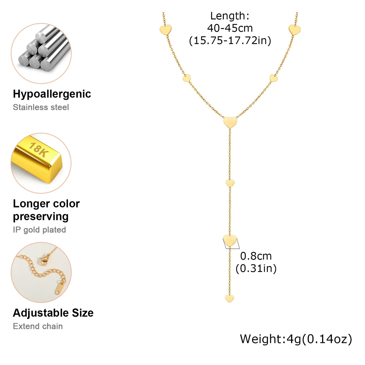 Heart Drop Lariat Chain Necklace For Women, Y Shape Long Chain Stainlss Steel 18K Gold Color Layered Jewelry