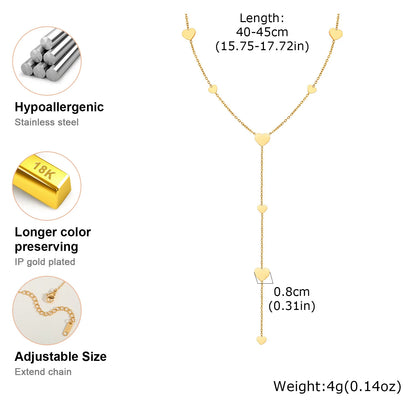Heart Drop Lariat Chain Necklace For Women, Y Shape Long Chain Stainlss Steel 18K Gold Color Layered Jewelry