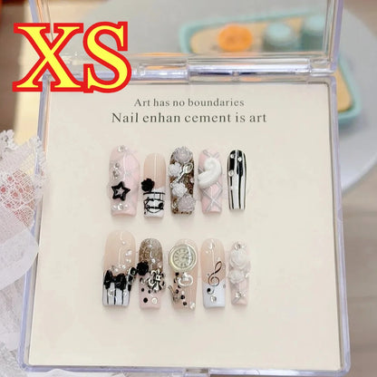 Musical Notes Retro Vintage Gyaru French Handmade Press On Nails 3D Rose Bow Pearl Pink Fake Nails Y2K Cute Long Coffin Nail 