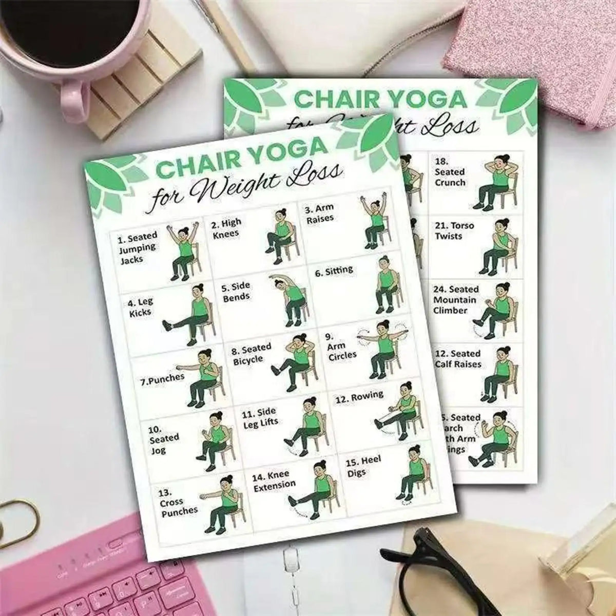 Chair Yoga Chart 30-Day Workout Charts 2 Pieces Chair Yoga Trainer Guide for Senior Beginner Mobility Balance Flexibility