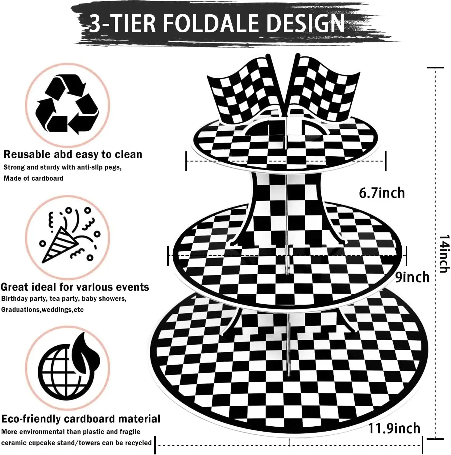 Racing Car Theme 3-Tier Round Cardboard Cupcake Stand Cars Birthday Party Tablecloth Black and White Checkered Decor Supplies