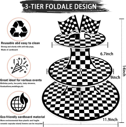 Racing Car Theme 3-Tier Round Cardboard Cupcake Stand Cars Birthday Party Tablecloth Black and White Checkered Decor Supplies