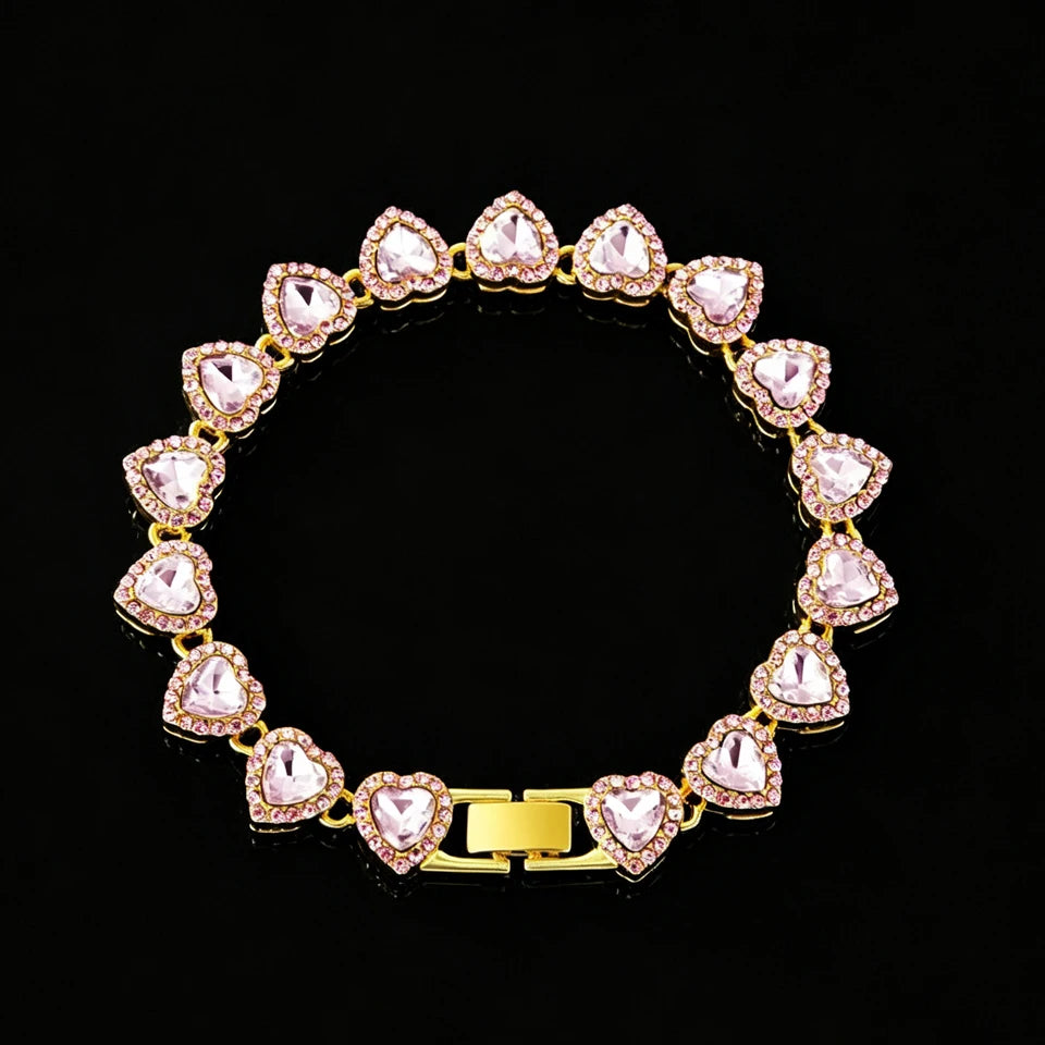 ZAKOL 45CM New Hip Hop Tennis Chain Bracelet Necklace Shiny Heart Rhinestone CZ Fashion Rock Party Jewelry Set - Pink Golden 