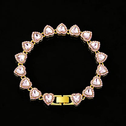 ZAKOL 45CM New Hip Hop Tennis Chain Bracelet Necklace Shiny Heart Rhinestone CZ Fashion Rock Party Jewelry Set - Pink Golden 