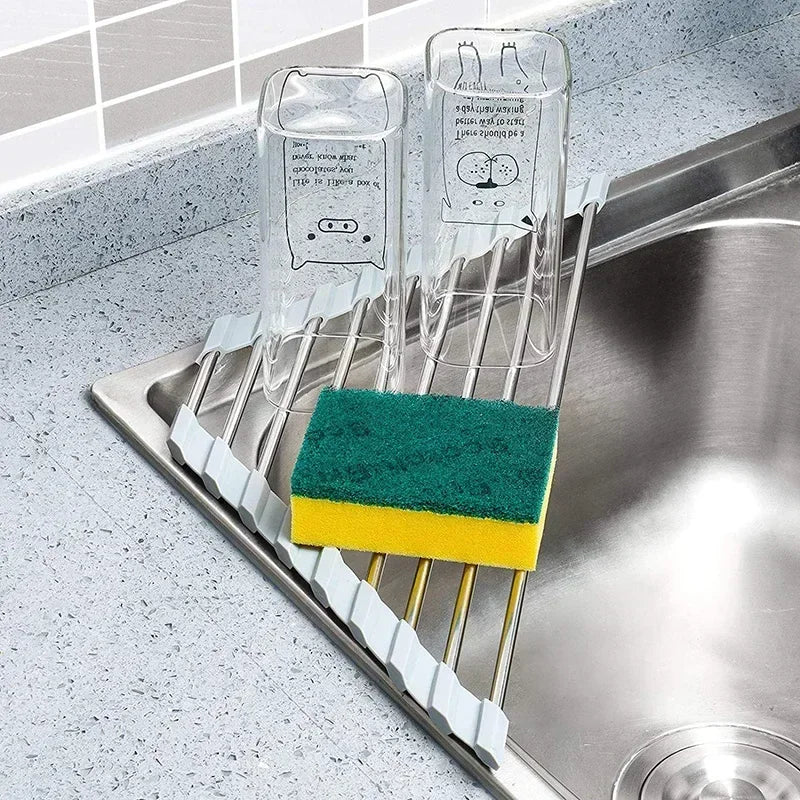 Roll Up Triangle Dish Drying Rack Kitchen Sink Organizer Corner Over the Sink Sponge Rag Holder Foldable Stainless Steel Drai