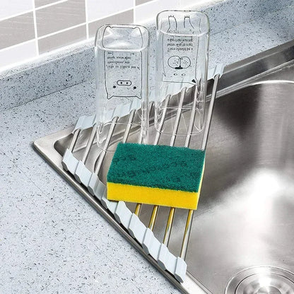 Roll Up Triangle Dish Drying Rack Kitchen Sink Organizer Corner Over the Sink Sponge Rag Holder Foldable Stainless Steel Drai