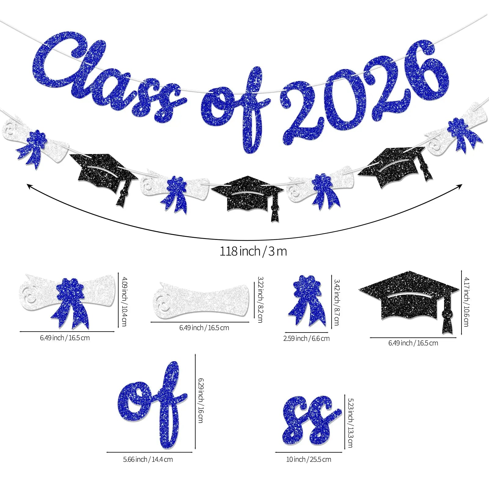 Glitter Gold/Blue/Purple/Red Class of 2026 Banner Graduation Sign with Grad Cap Garland for 2026 Graduation Party Decorations