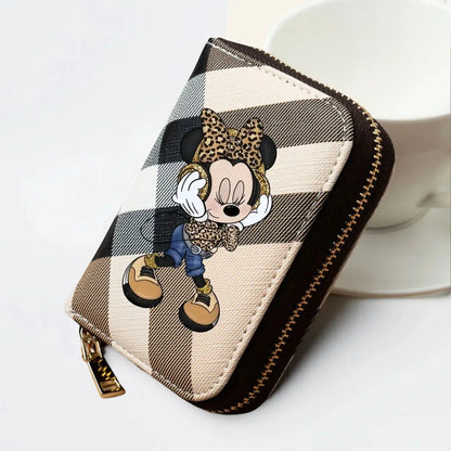 Minnie Plaid Pattern Wallet – Short PU Leather Zipper Coin Purse with Leopard Outfit Print & Card Slots for Women, 3 Colors