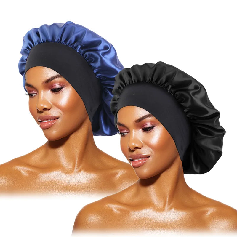 Women's Satin Solid Bonnets Wide-brimmed Night Sleeping Bathing Hat Unisex Head Wrap Elastic Band Cap Hair Care Bonnet - blac