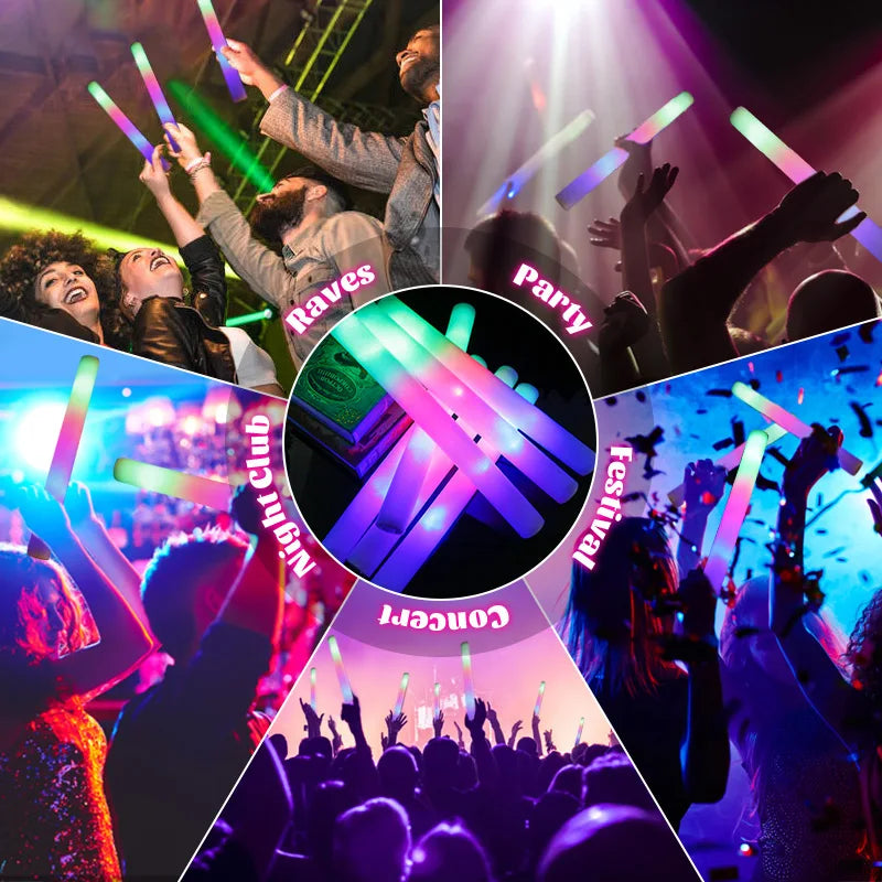 20/30/60Pcs LED Glow Sticks Bulk Colorful RGB Glow Foam Stick Cheer Tube Dark Light for Xmas Birthday Wedding Party Supplies