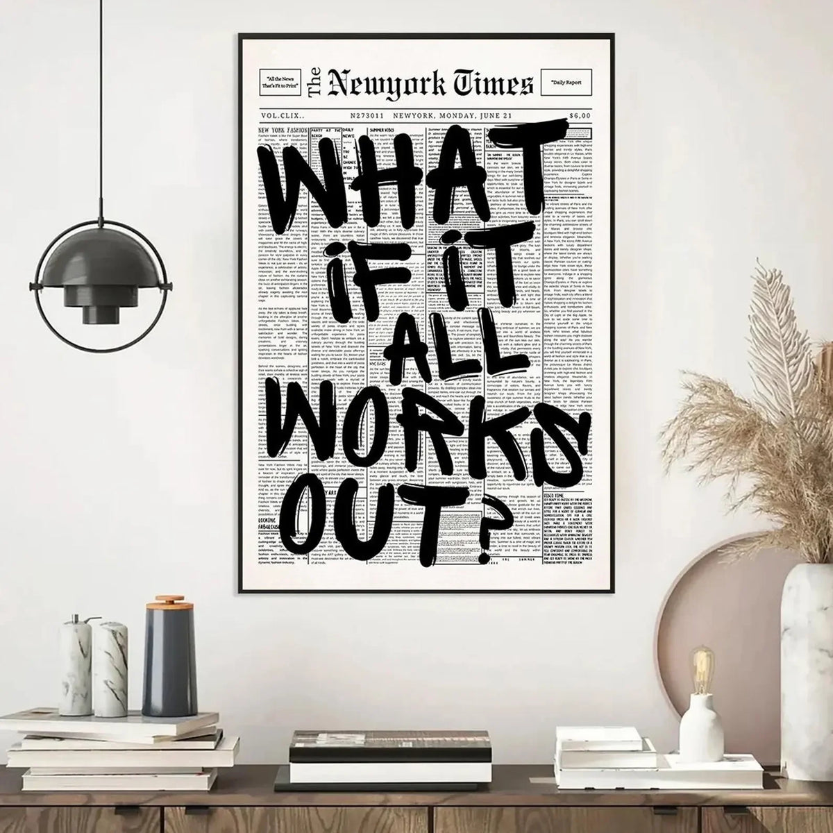 Newspaper Poster - What If It All Works Out - Positive Quote Canvas Wall Art, Affirming Minimalist Prints, Neutral Dorm Room 