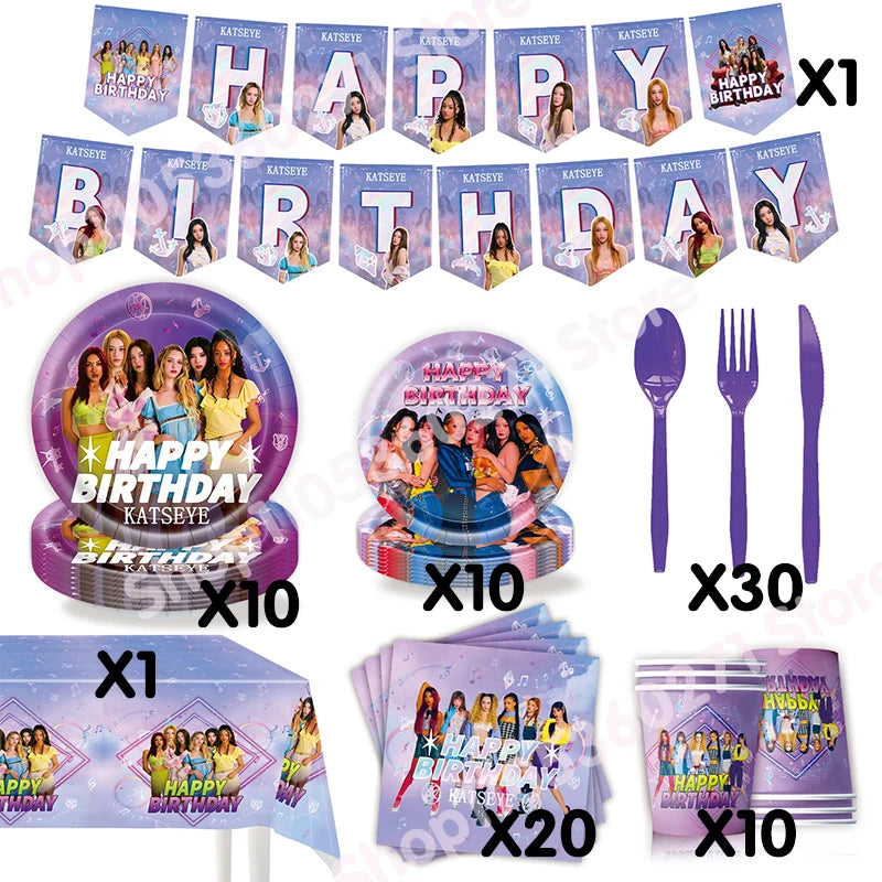 K-Katseye Birthday Decoration Kpop Girl Group Napkin Balloon Cup Plate Tablecloth Banner For Girls Festival Party Fans Gift -