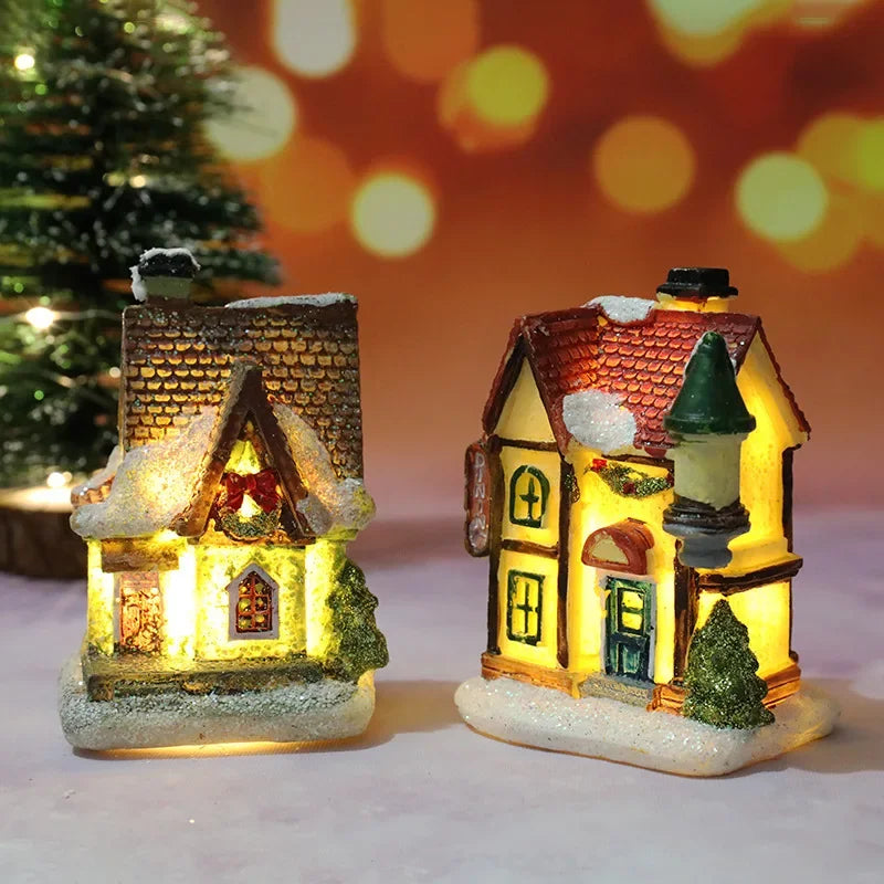 Christmas Decoration House LED Light Xmas Durable Ornaments Small Resin Mini House Miniature Village Building for Home Kids G