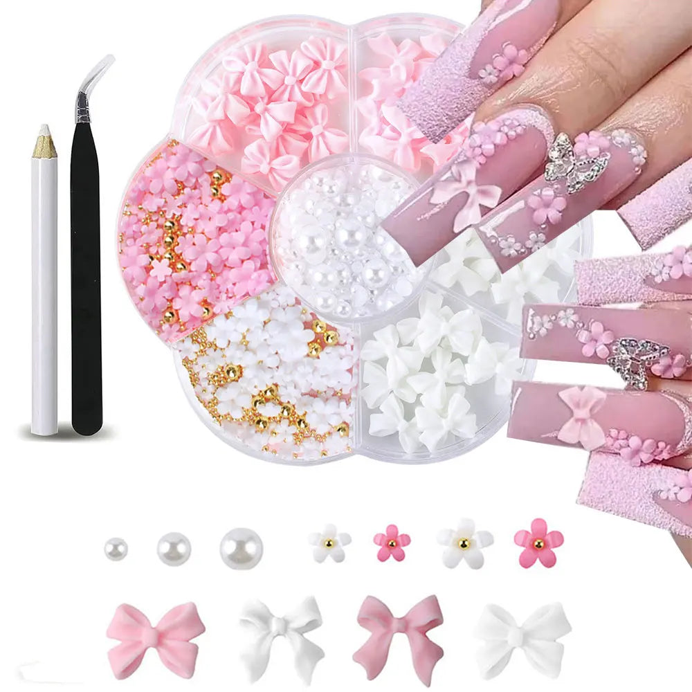 1box 3D Flower Bow Nail Art Decorations Kit Pink/White Acrylic Floral/Peal Beads Nail Charm with Wax Pen/Tweezer 4/6mm Nail P