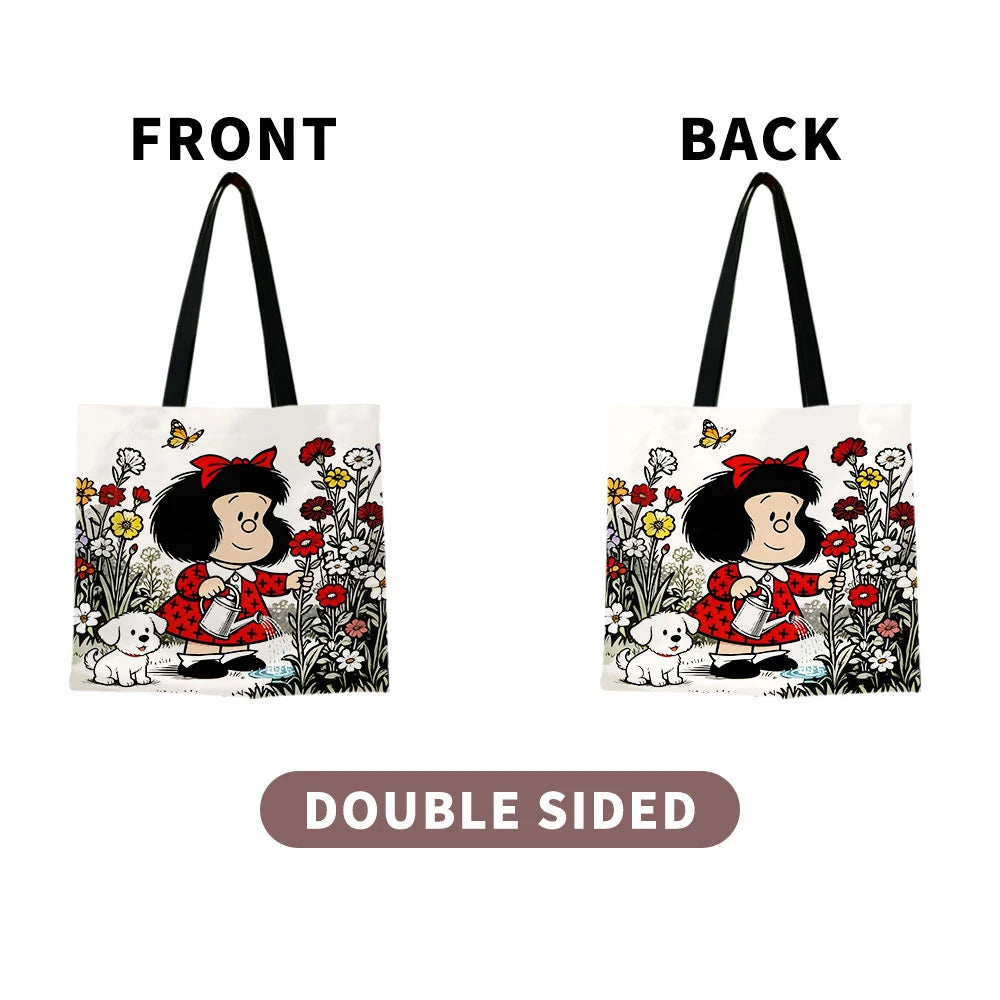 1pc Vintage Cartoon Girl and Puppy Gardening Tote Bag Featuring a cute watering scene, vibrant red accents and butterfly deta