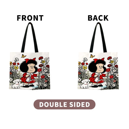 1pc Vintage Cartoon Girl and Puppy Gardening Tote Bag Featuring a cute watering scene, vibrant red accents and butterfly deta