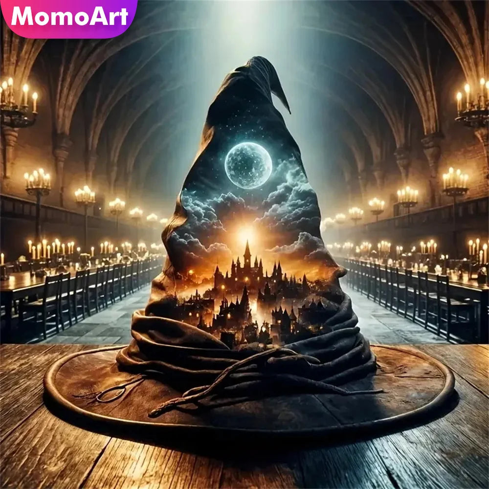 Momoart Hat Diamond Mosaic Landscape Cross Stitch Kits Art Diamond Painting Castle House DIY Embroidery Moon Decor for Home