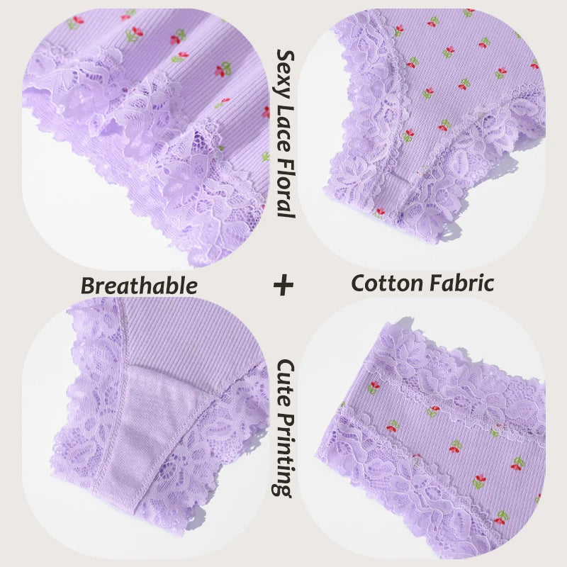 3Pcs Cotton Lace Patchwork Bikini Panties Women Seamless Floral Print Brazilian Pants Low Waist Breathable Female Sexy Linger