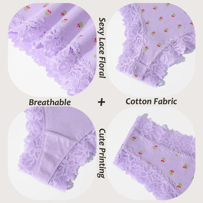 3Pcs Cotton Lace Patchwork Bikini Panties Women Seamless Floral Print Brazilian Pants Low Waist Breathable Female Sexy Linger