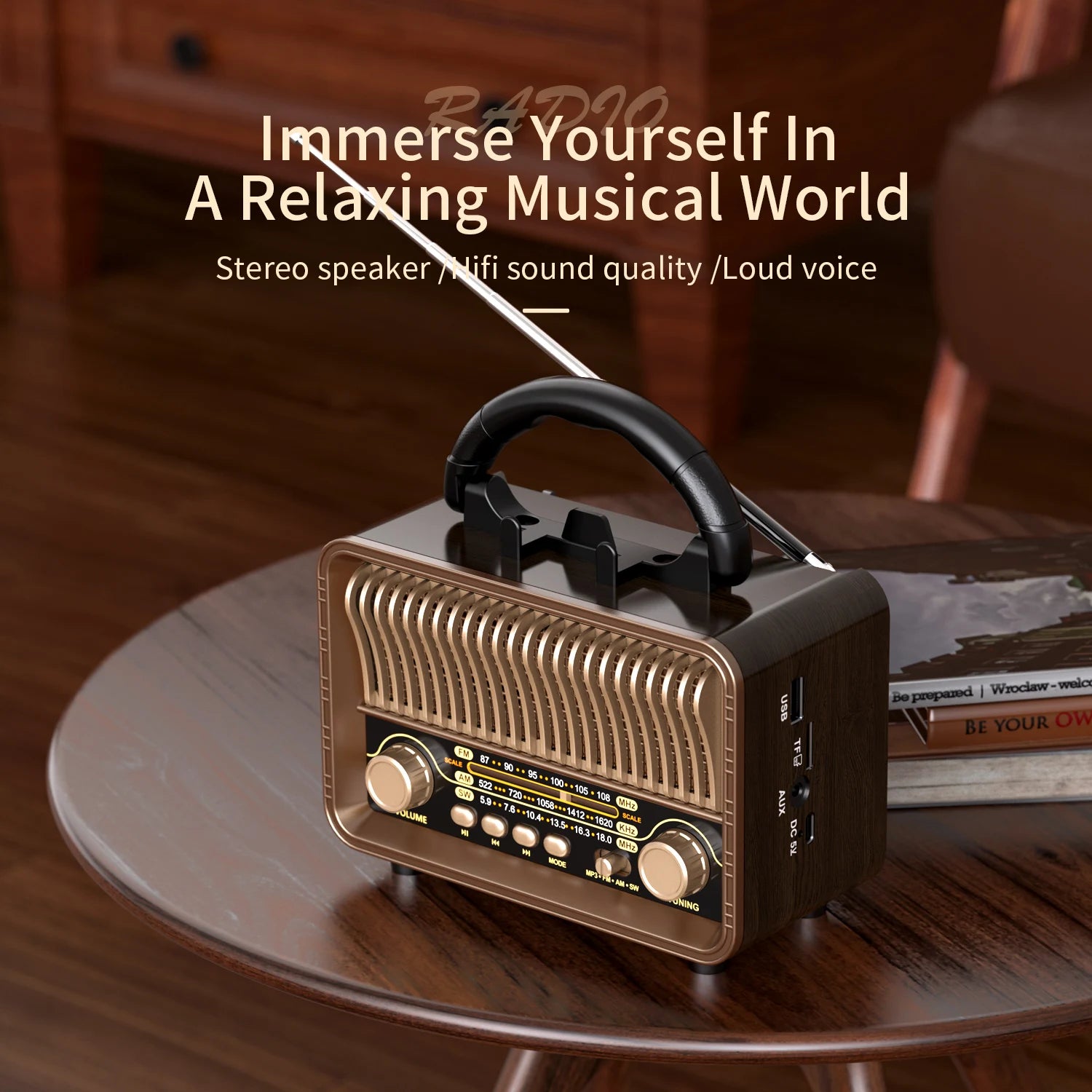 Retro Wireless Radio Portable AM/FM/SW with USB Rechargeable Battery with Antenna, AUX and TF Card Playback, Suitable for Hom