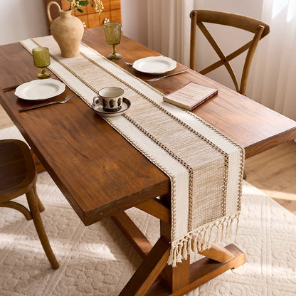 Nordic Boho Striped Green Table Runner - Hand - Woven Tassels, Ideal for Spring Tables, Round Coffee Tables & Rustic Home Dec