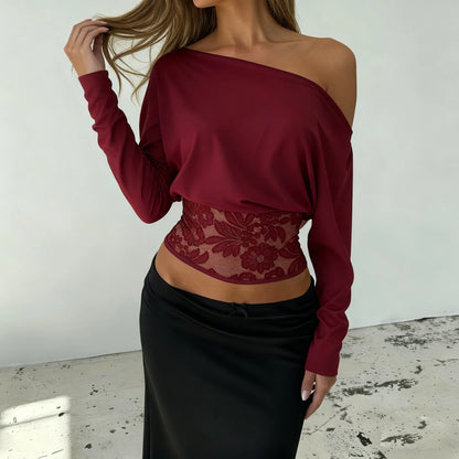 Elegant Patchwork Lace T-Shirt See Through Slim-Fitting Crew Neck Off-Shoulder Long Sleeve Tees Women 2025 Autumn Winter Fash