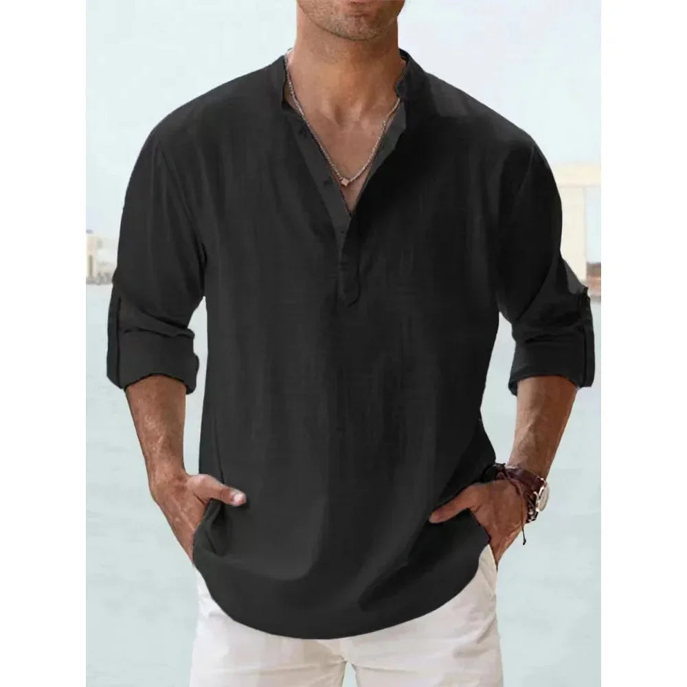 Cotton Linen Men's Long Sleeve Shirts Summer Solid Color Henley Collar Casual Beach Style Hawaiian Vacation