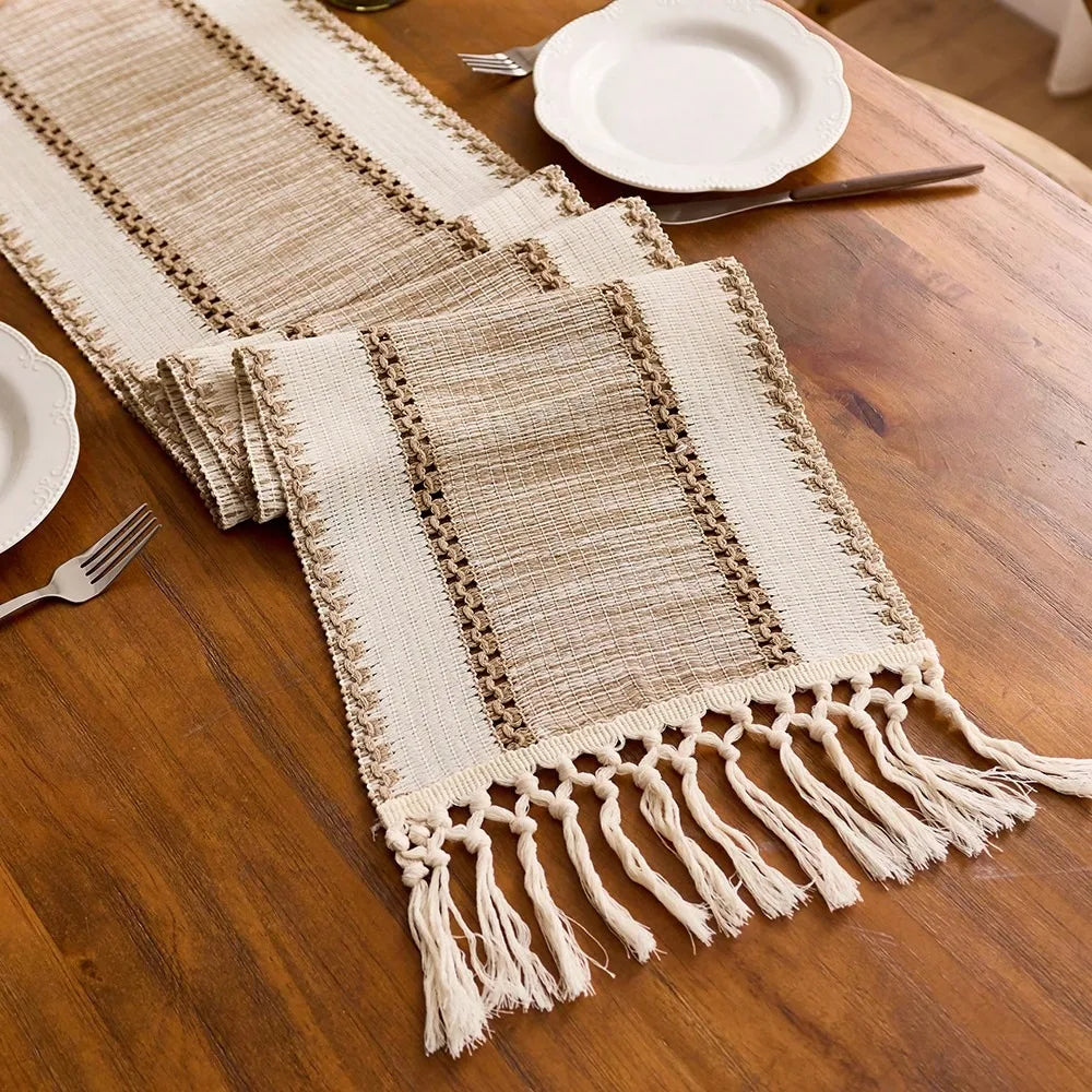 Nordic Boho Striped Green Table Runner - Hand - Woven Tassels, Ideal for Spring Tables, Round Coffee Tables & Rustic Home Dec
