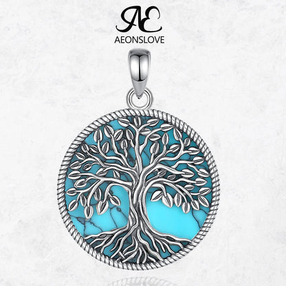 AEONSLOVE 925 Sterling Silver Tree of Life Turquoise Necklace Family Tree Pendant Spiritual Jewelry Christmas Gifts for Women