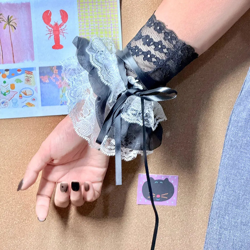 1 Pair Women Lolita Jk Lace Fingerless Gloves Black Gothic Fake Sleeves Trendy Elastic Long Lace Arm Sleeves Clothes Decorati