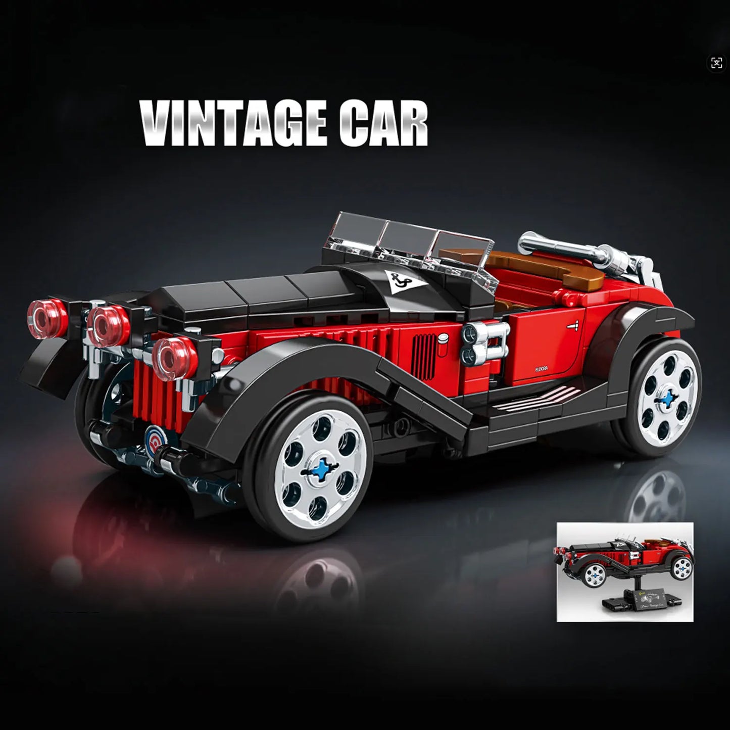 Vintage Classic Car Building Blocks, Retro Roadster Model Bricks with Display Stand, DIY Assembled Collectible Toy Gift
