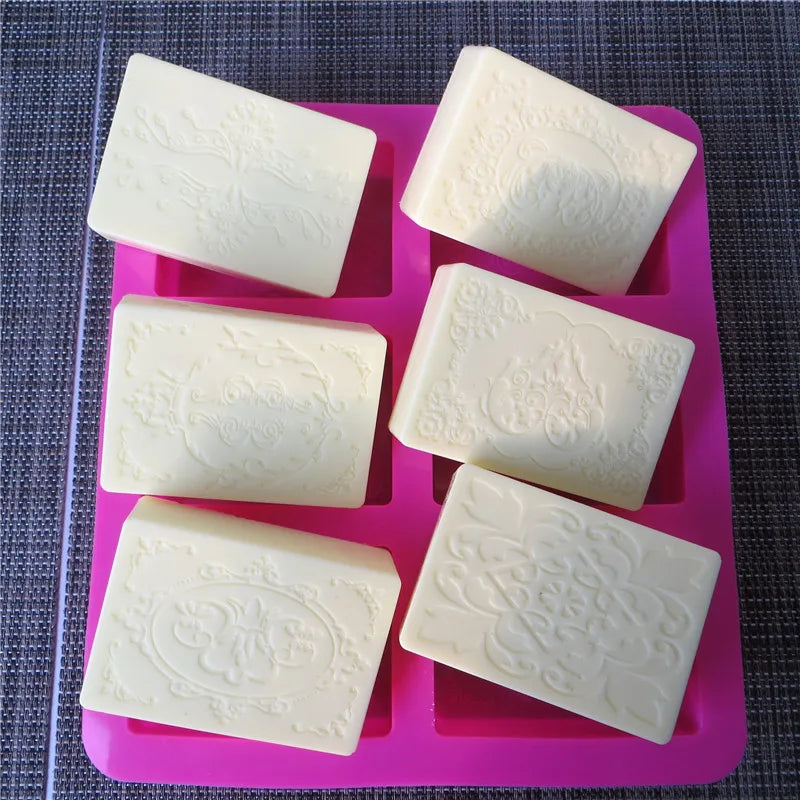 6 grid Handmade Soap Silicon Mold 6 types Floral Pattern Flat Bottom Essential oil Toilet Soap DIY Baking Cake Square Mold - 