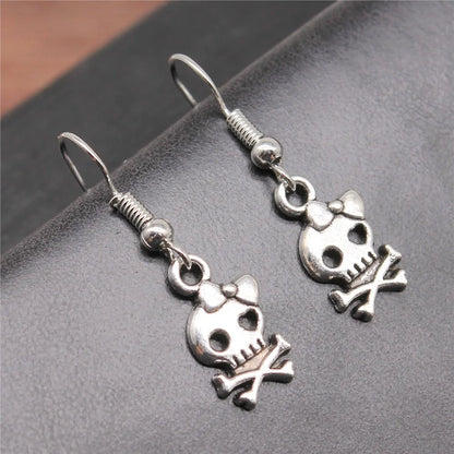 Fashion Handmade Simple Design Antique Silver Color Bow Skull Pendant Earrings Women Vintage Drop Earrings